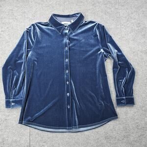 Soft Surroundings Shirt Womens Petite Large Blue Velvet Button Up Whimsi Holiday